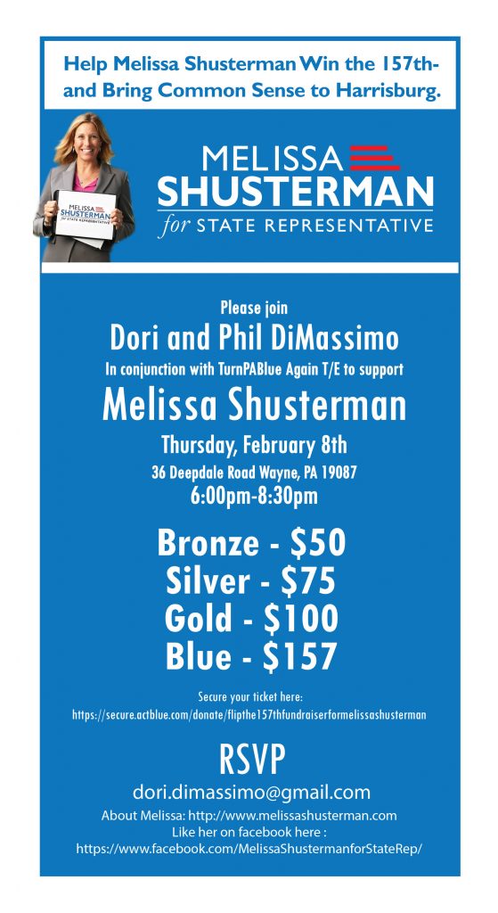 Fundraiser in Tredyffrin for Melissa Shusterman  February 8, 2018 @ Dimassimo Home | Wayne | Pennsylvania | United States